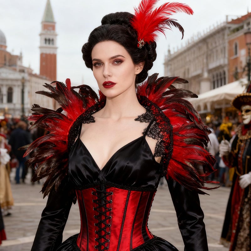 L'VOW Black Crow Feather Cape Shawl Stand Up Collar Halloween Devil Wings Witch Costume (Red) - Image 3